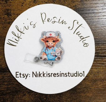 Highland Cow Nurse Drinking Coffee Badge Reel