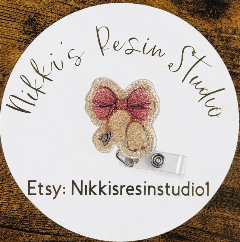 Pink Stethoscope Bow Badge Reel