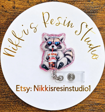 Raccoon Drinking Diet Coke Badge Reel